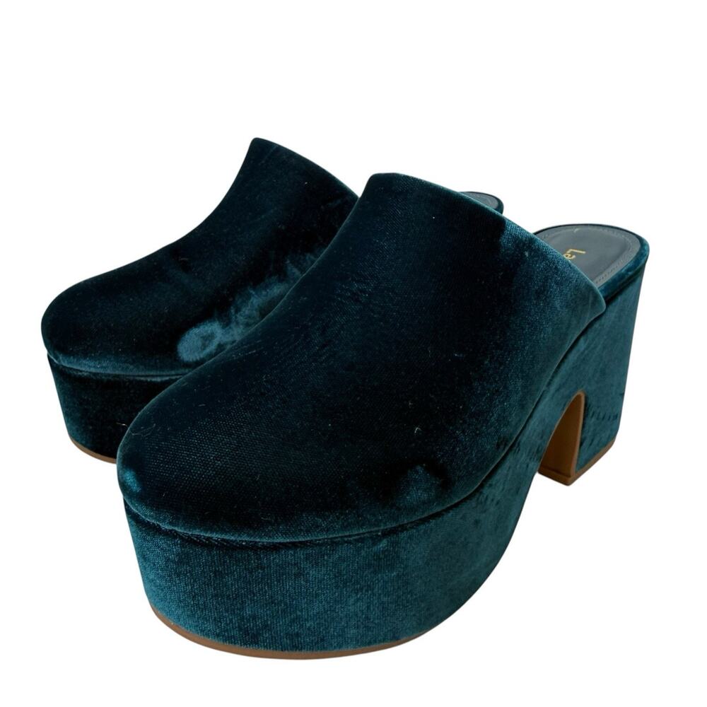 Larroude Shoes Womens 6.5 Green Miso Velvet Clog Heels Platform Retro Glam - Picture 2 of 10